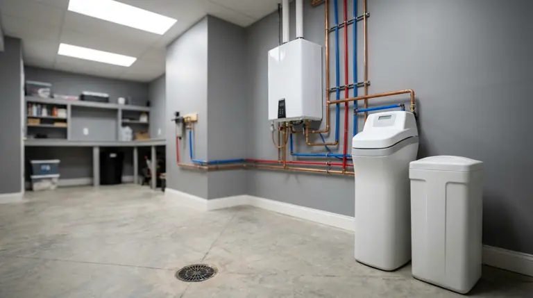 Illustration of a finished basement mechanical room with a tankless water heater and water softener