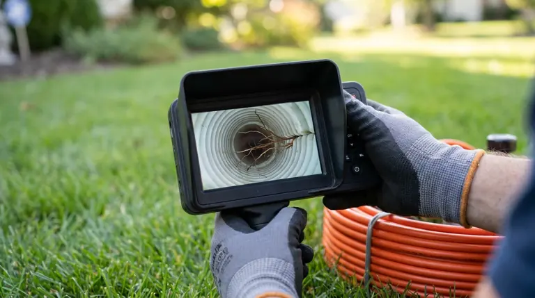 Illustration of a sewer camera monitor showing tree roots at a pipe joint