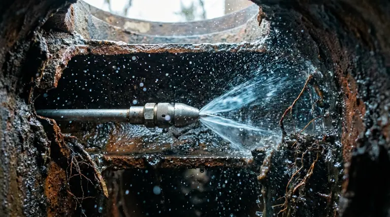 Illustration of a hydro jetting nozzle clearing grease and roots inside a sewer pipe